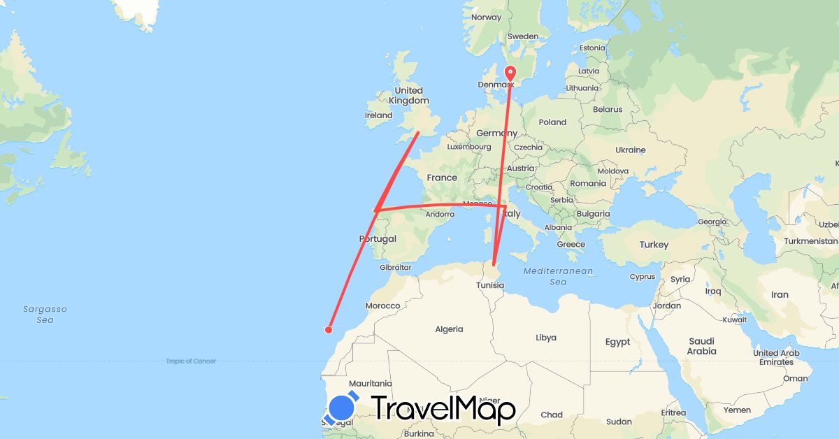 TravelMap itinerary: hiking in Denmark, Spain, United Kingdom, Italy, Tunisia (Africa, Europe)